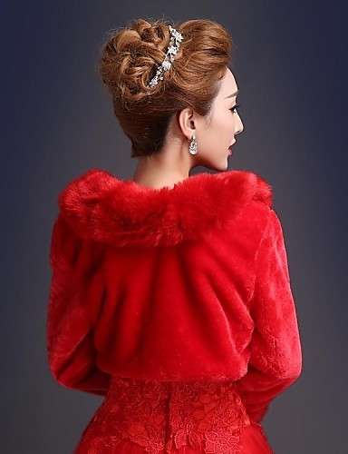 WEDDING OR SPECIAL OCCASION FAUX FUR WRAP, COAT, BOLERO  JACKET 3/4-LENGTH SLEEVES  - RED