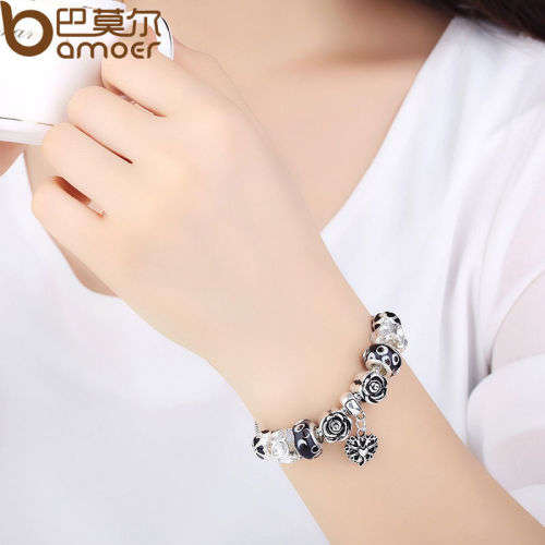 GIFT BOXED  -  DOUBLE 925 STERLING SILVER PLATED  IMPORTED EUROPEAN CHARM BRACELET WITH MERANO GLASS