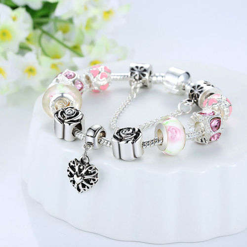 GIFT BOXED  -  DOUBLE 925 STERLING SILVER PLATED  IMPORTED EUROPEAN CHARM BRACELET WITH MERANO GLASS