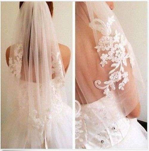 WHITE 1 TIER STUNNING ELBOW LENGTH BRIDE'S VEIL WITH LACE AND CRYSTALS - ALSO IN IVORY