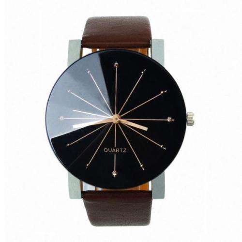 MEN'S ELEGANT BLACK FACED FASHION ANALOG QUARTZ DRESS WRIST WATCH WITH DARK BROWN PU LEATHER STRAP