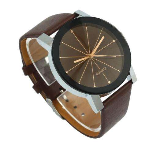 MEN'S ELEGANT BLACK FACED FASHION ANALOG QUARTZ DRESS WRIST WATCH WITH DARK BROWN PU LEATHER STRAP