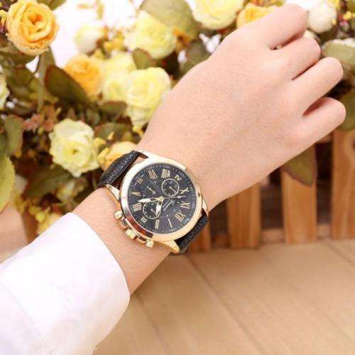 GENEVA PLATINUM GOLD BLACK DIAL WITH ROMAN NUMERALS QUARTZ ANALOG LADIES STUNNING WATCH
