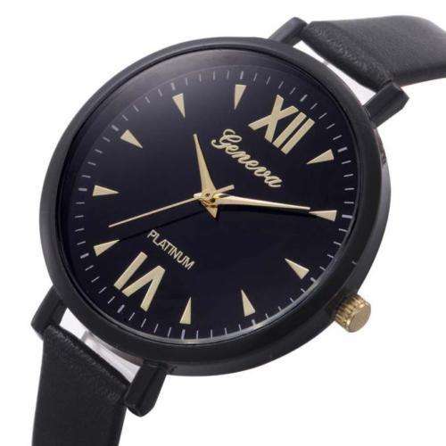 GENEVA-WOMEN'S THIN STRAP QUARTZ ANALOG WRISTWATCH WITH BLACK-FAUX-LEATHER STRAP