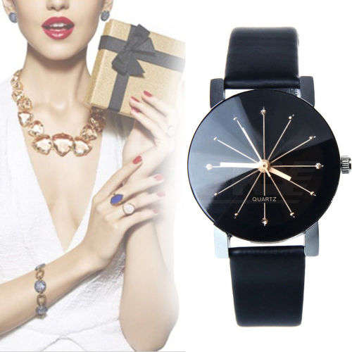 WOMAN'S ELEGANT BLACK FACED  ANALOG QUARTZ DRESS WRIST WATCH WITH BLACK PU LEATHER STRAP