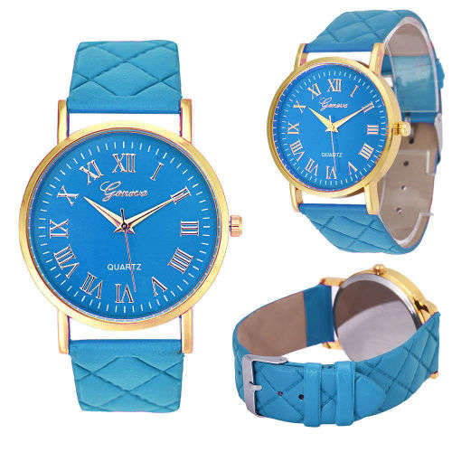 STRIKING ! GENEVA SKY BLUE FACE AND QUILTED FAUX LEATHER ANALOG QUARTZ  WATCH