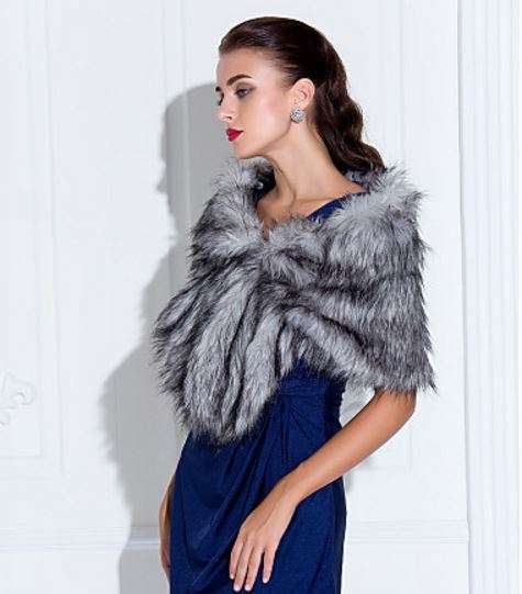 BRIDAL FAUX FUR SHOULDER SHAWL, WRAP, BOLERO  - BLACK AND GREY
