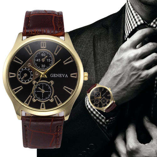 GENEVA BUSINESS MEN'S ANALOG QUARTZ  WATCH WITH DARK BROWN STRAP