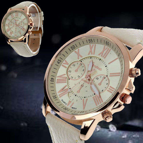 LUXURY GENEVA ROSE GOLD BEIGE/CREAM  DIAL WITH ROMAN NUMERALS QUARTZ ANALOG LADIES WATCH