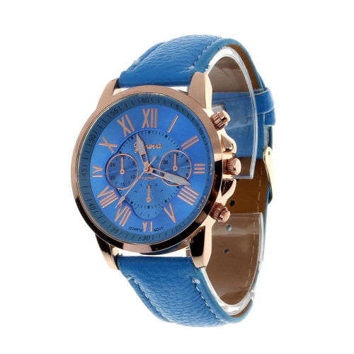 GENEVA ROSE GOLD LIGHT BLUE DIAL WITH ROMAN NUMERALS QUARTZ ANALOG LADIES STUNNING WATCH