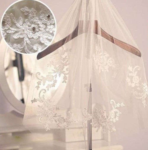 WHITE 1 TIER STUNNING ELBOW LENGTH BRIDE'S VEIL WITH LACE AND CRYSTALS - ALSO IN IVORY