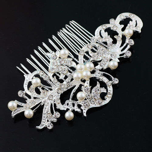 BRIDAL HAIR COMB/SLIDE ACCESSORY - WHITE FAUX PEARLS AND CRYSTAL - METAL - BEAUTIFULLY CRAFTED