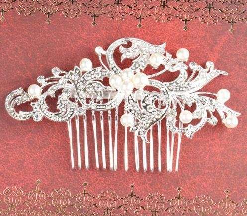 BRIDAL HAIR COMB/SLIDE ACCESSORY - WHITE FAUX PEARLS AND CRYSTAL - METAL - BEAUTIFULLY CRAFTED