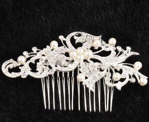 BRIDAL HAIR COMB/SLIDE ACCESSORY - WHITE FAUX PEARLS AND CRYSTAL - METAL - BEAUTIFULLY CRAFTED