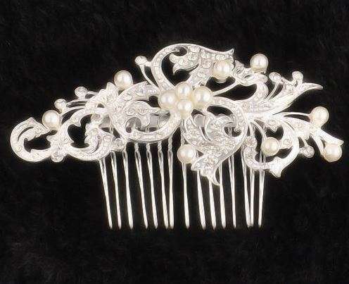 BRIDAL HAIR COMB/SLIDE ACCESSORY - WHITE FAUX PEARLS AND CRYSTAL - METAL - BEAUTIFULLY CRAFTED