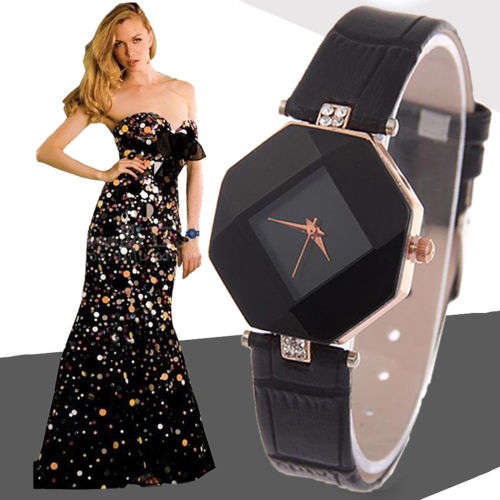 SALE!!!  NEW DESIGN!!   BLACK MULTI FACETED WATCH WITH DIAMANTE DETAIL AND BLACK FAUX LEATHER BAND