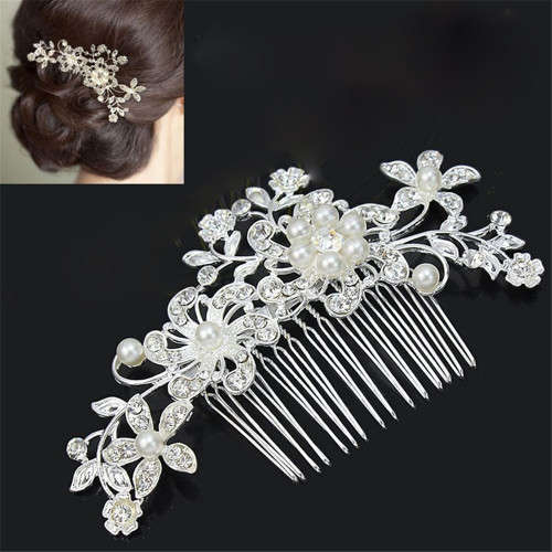 WEDDING BRIDAL HAIR COMB/SLIDE - WHITE FAUX PEARLS AND CRYSTAL - METAL - BEAUTIFULLY CRAFTED