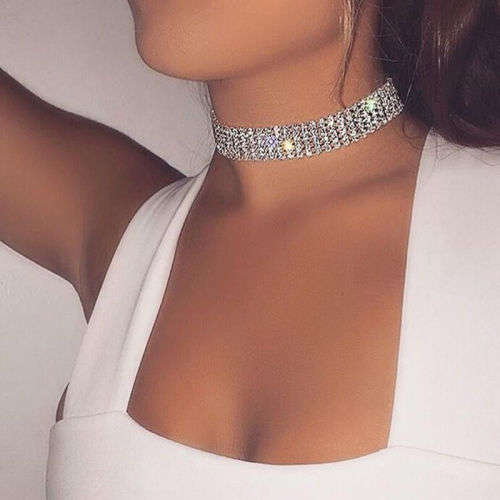 12 ROWS STUNNING RHINESTONE CRYSTALS SET IN A SILVER CHOKER  - 4 SIZES AVAILABLE