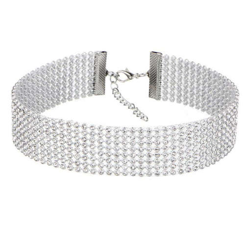12 ROWS STUNNING RHINESTONE CRYSTALS SET IN A SILVER CHOKER  - 4 SIZES AVAILABLE