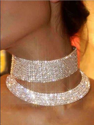 12 ROWS STUNNING RHINESTONE CRYSTALS SET IN A SILVER CHOKER  - 4 SIZES AVAILABLE