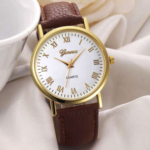 SALE!  GENEVA WHITE DIAL QUARTZ  UNISEX ROMAN NUMERAL DRESS  WATCH WITH BROWN FAUX LEATHER STRAP