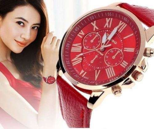 SEXY RED GENEVA ROMAN NUMERAL ANALOG QUARTZ  WATCH WITH RED FAUX LEATHER