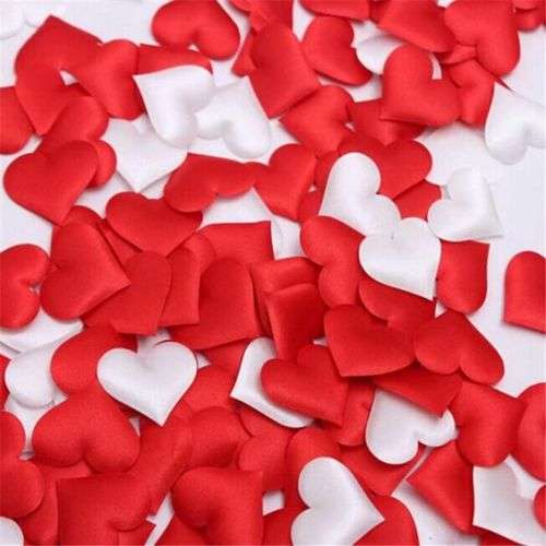100 BRIGHT RED SATIN PADDED MATERIAL HEARTS - USE FOR TABLE DECOR/ROMANTIC SETTING