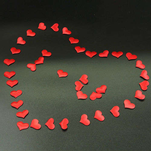 100 BRIGHT RED SATIN PADDED MATERIAL HEARTS - USE FOR TABLE DECOR/ROMANTIC SETTING