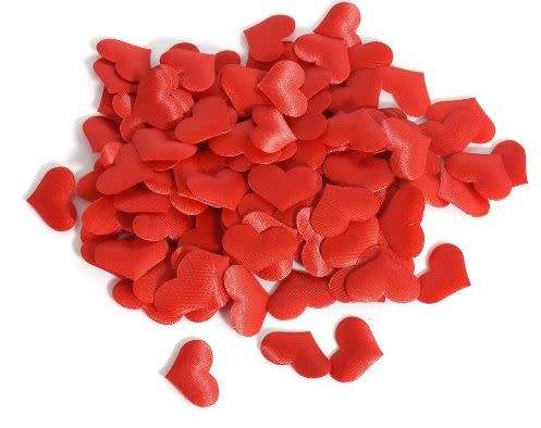 100 BRIGHT RED SATIN PADDED MATERIAL HEARTS - USE FOR TABLE DECOR/ROMANTIC SETTING