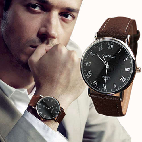 STRIKINGLY ELEGANT AND STYLISH  -  MEN'S DRESS WATCH DESIGNED BY YAZOLE WITH BROWN STRAP