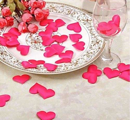 100 BRIGHT RED SATIN PADDED MATERIAL HEARTS - USE FOR TABLE DECOR/ROMANTIC SETTING