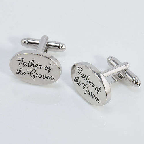 ELEGANT  HIGH QUALITY "FATHER OF THE GROOM" CUFFLINKS IN  BLACK SCROLL ENGRAVED SILVER PLATED