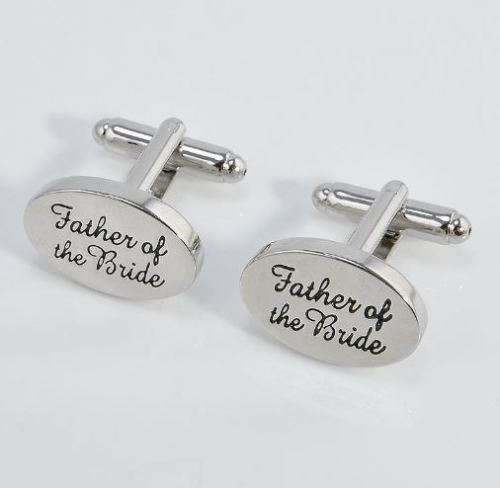 ELEGANT  HIGH QUALITY "FATHER OF THE BRIDE" CUFFLINKS IN  BLACK SCROLL ENGRAVED SILVER PLATED