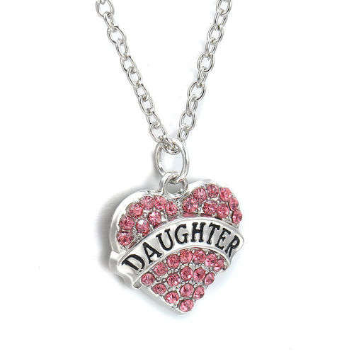 PERFECT GIFT FOR DAUGHTER    - DAUGHTER HEART PENDANT AND CHAIN - SILVER ALLOY AND PINK CRYSTALS