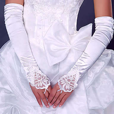 WEDDING BRIDAL WHITE ELBOW LENGTH SATIN FINGERLESS GLOVES WITH BEADING - ONE SIZE FITS MOST