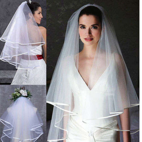 BRIDE ON A BUDGET SALE!!! 2 TIER (BLUSHER INCLUDED) WHITE BRIDAL VEIL WITH COMB & SATIN RIBBON EDGE