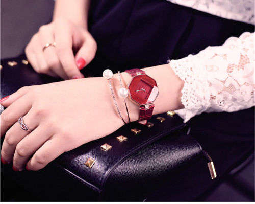 SALE! FABULOUS RED MULTI FACETED HEXAGONAL DIAL WATCH WITH DIAMANTE DETAILED RED FAUX  LEATHER STRAP