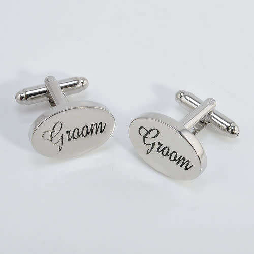 ELEGANT  HIGH QUALITY " GROOM  " CUFFLINKS IN  BLACK SCROLL ENGRAVED SILVER PLATED