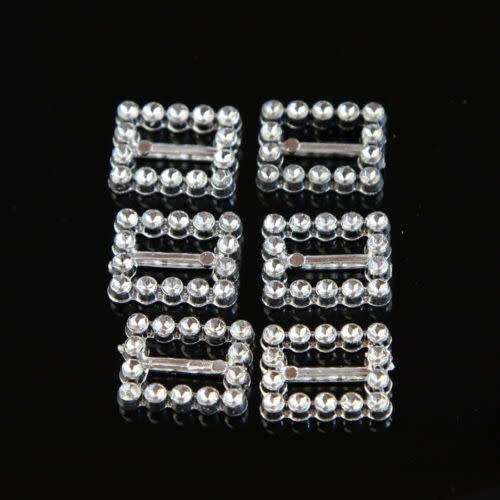 50 X ACRYLIC SILVER RECTANGULAR BUCKLE RIBBON SLIDER WEDDING INVITATION EMBELLISHMENT