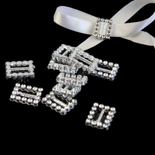 50 X ACRYLIC SILVER RECTANGULAR BUCKLE RIBBON SLIDER WEDDING INVITATION EMBELLISHMENT