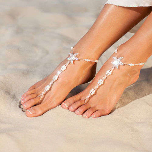 STUNNING ACCESSORY  FOR  BEACH WEDDING - 1 PAIR FAUX PEARL AND STARFISH BAREFOOT SANDALS