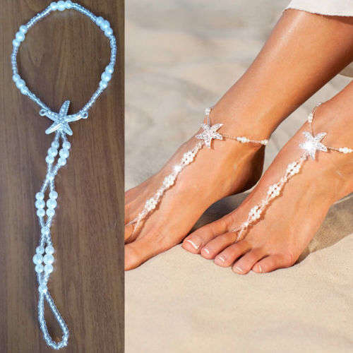 STUNNING ACCESSORY  FOR  BEACH WEDDING - 1 PAIR FAUX PEARL AND STARFISH BAREFOOT SANDALS