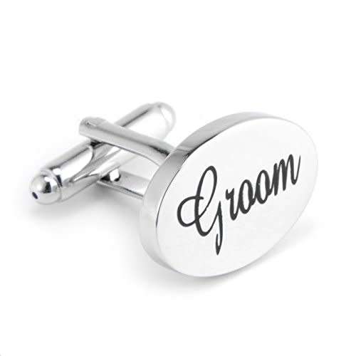 ELEGANT  HIGH QUALITY " GROOM  " CUFFLINKS IN  BLACK SCROLL ENGRAVED SILVER PLATED