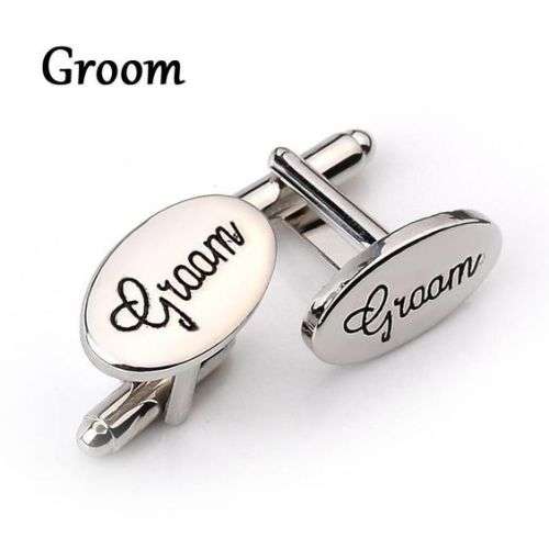ELEGANT  HIGH QUALITY " GROOM  " CUFFLINKS IN  BLACK SCROLL ENGRAVED SILVER PLATED