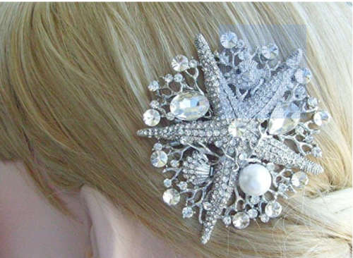RARE! PERFECT FOR BEACH WEDDING - STARFISH RHINESTONE AND PEARL BRIDAL HAIRCOMB --  HAIR ACCESSORY