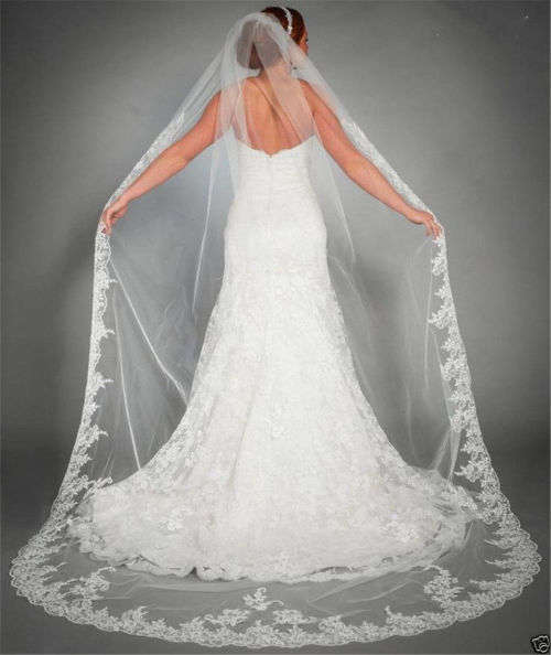 PREMIUM QUALITY LUXURIOUS IVORY  3M BRIDAL WEDDING VEIL WITH COMB LACE SEQUINS EDGE - ALSO IN WHITE