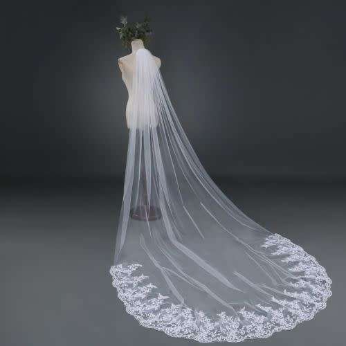 PREMIUM QUALITY LUXURIOUS WHITE 3M  WEDDING VEIL WITH COMB LACE EMBROIDERED BORDER ALSO IN IVORY