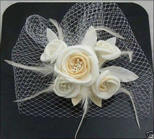 SALE!  WHITE AND PEACH BRIDAL CAGE VEIL BEAUTIFULLY CRAFTED WITH PEACH AND WHITE SATIN FLOWERS