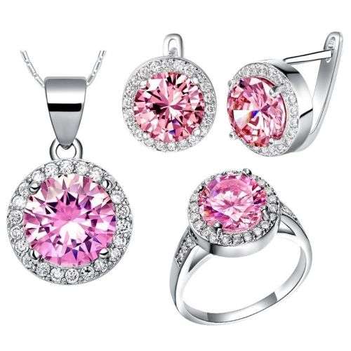 GORGEOUS  PINK AND WHITE TOPAZ CZ SET OF CHAIN, PENDANT,EARRINGS AND RING SIZE 9.5 (S 3/4)