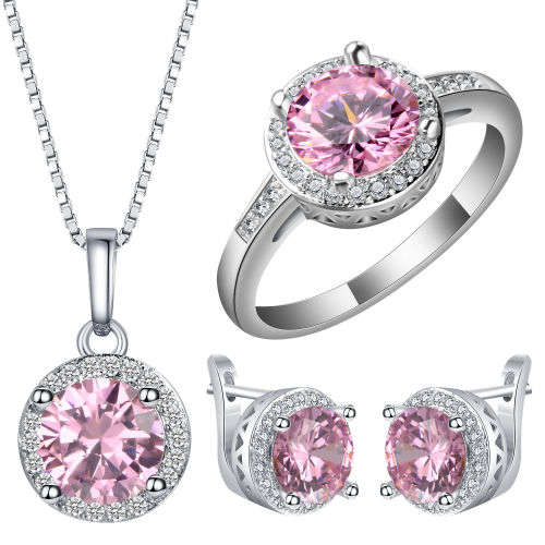 GORGEOUS  PINK AND WHITE TOPAZ CZ SET OF CHAIN, PENDANT,EARRINGS AND RING SIZE 9.5 (S 3/4)
